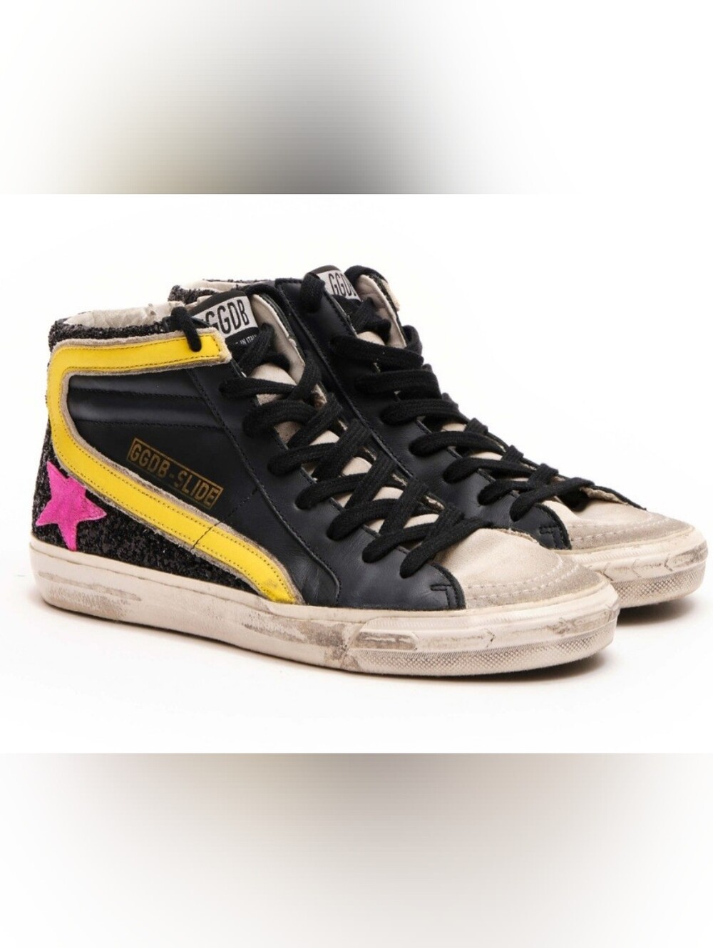 Authentic Golden Goose Black Leather/Suede High-Top Sneakers with Glitter Accent
